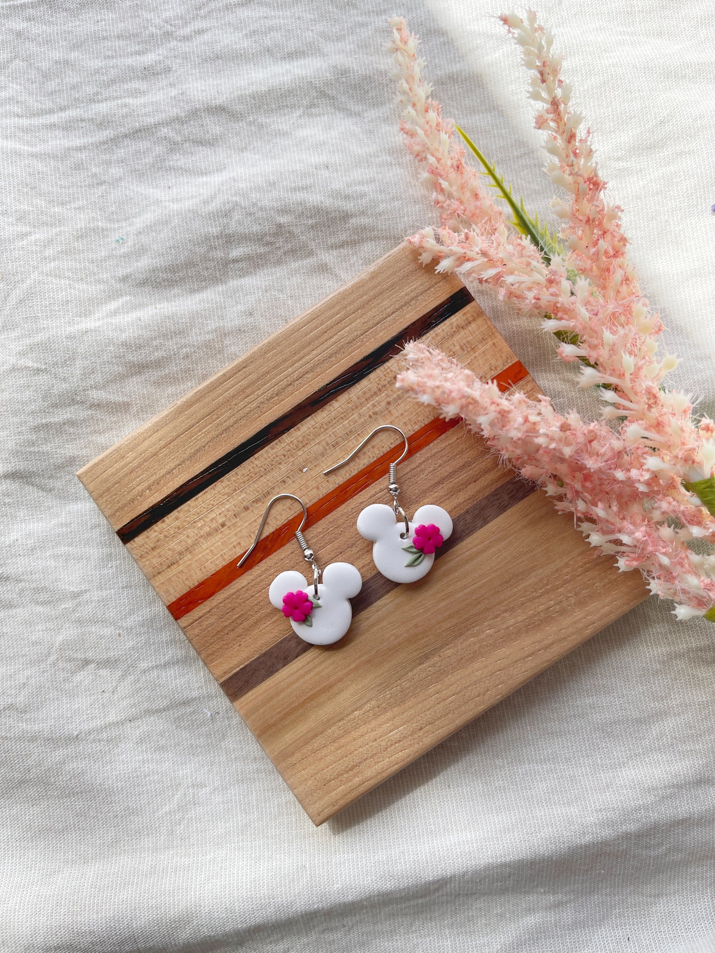 White & Pink Floral Clay Earrings