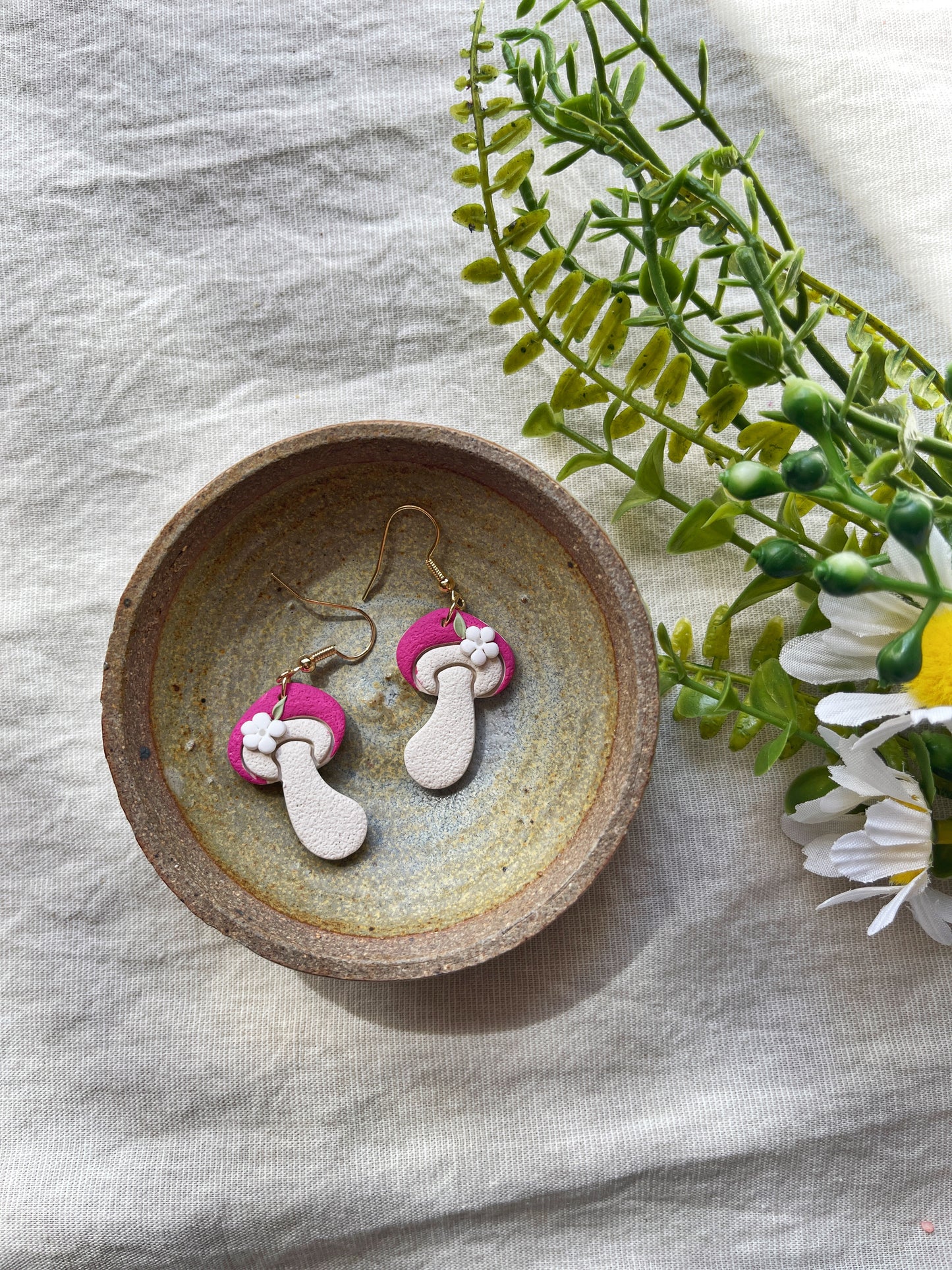 Pink Floral Mushroom Clay Earrings