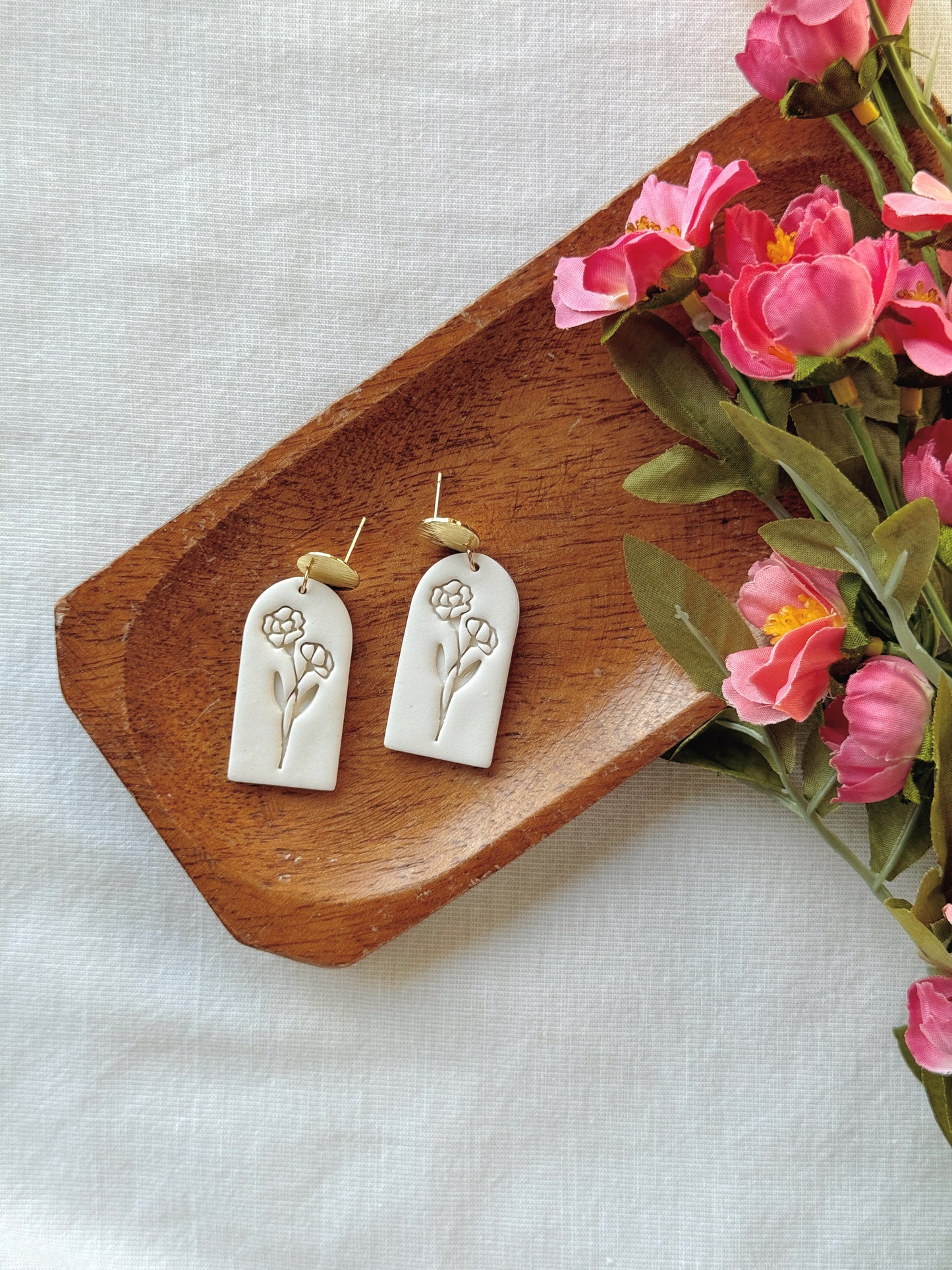 Cream Floral Clay Earrings