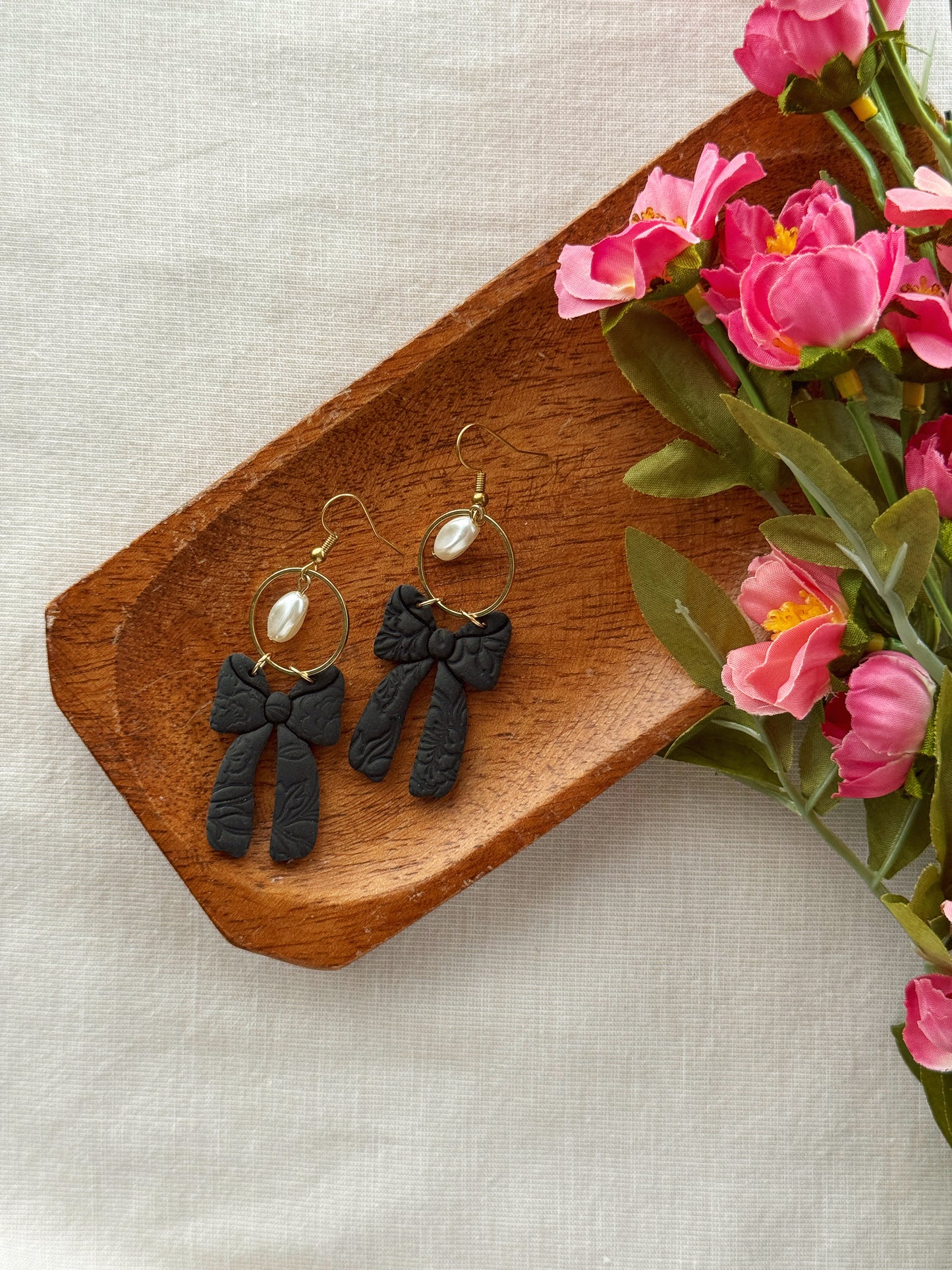 Embossed Black Bow Clay Earrings