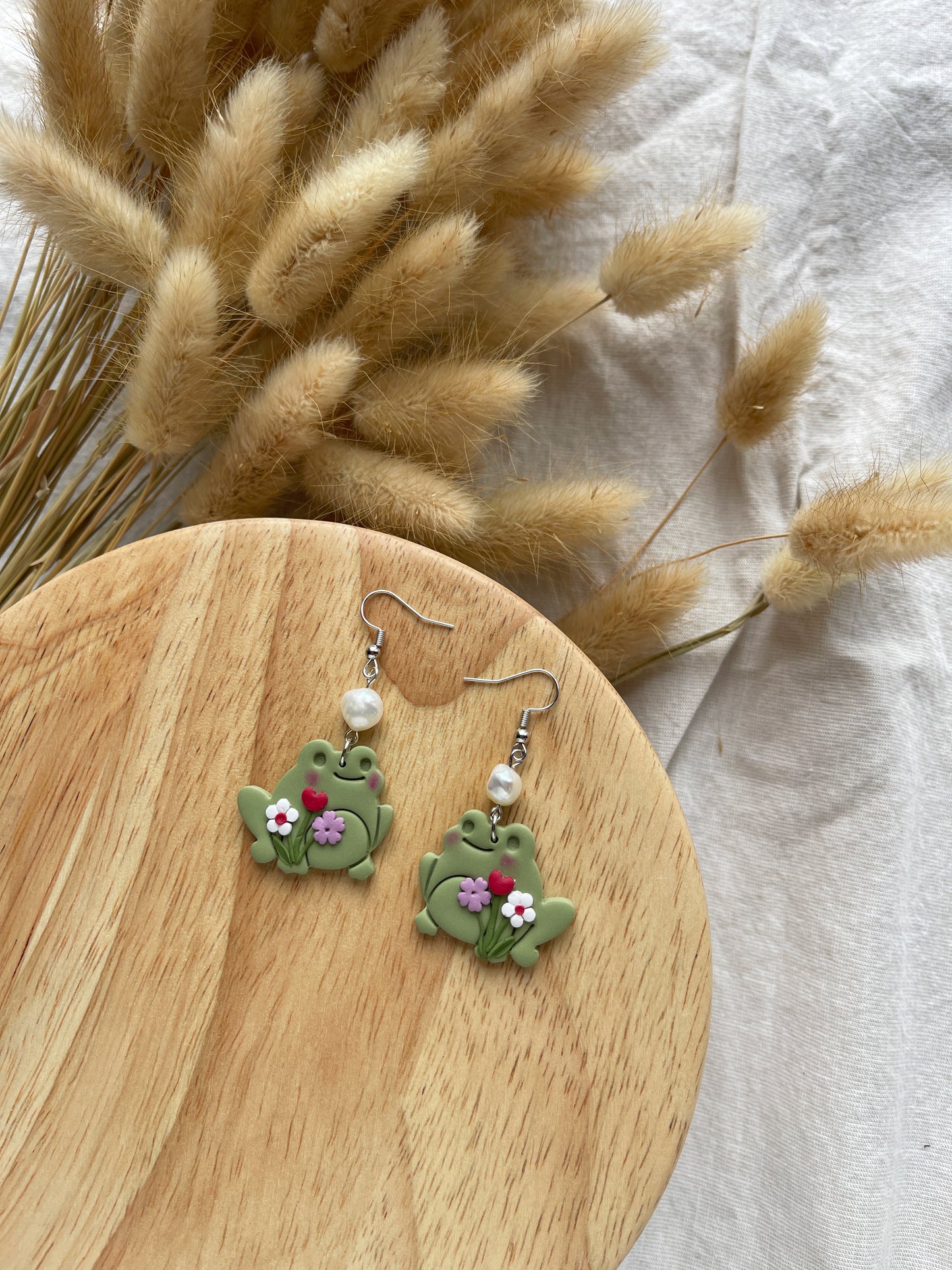 Pearl Frog Bouquet Clay Earrings