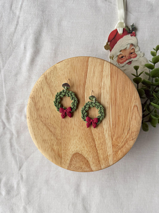 Red Bow Wreath Clay Earrings