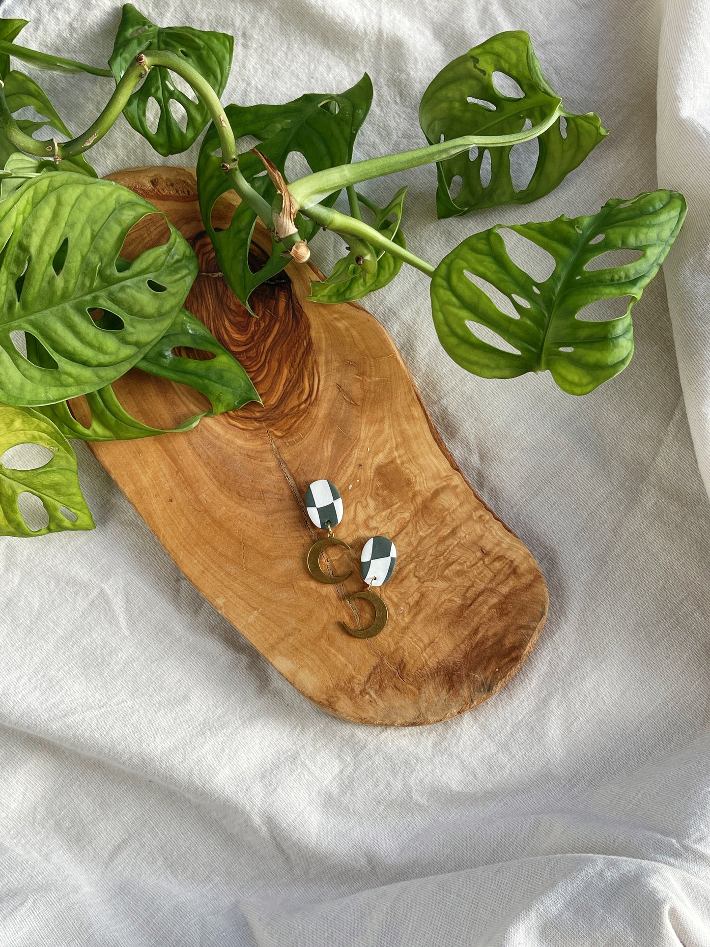 Checkered Moon Clay Earrings