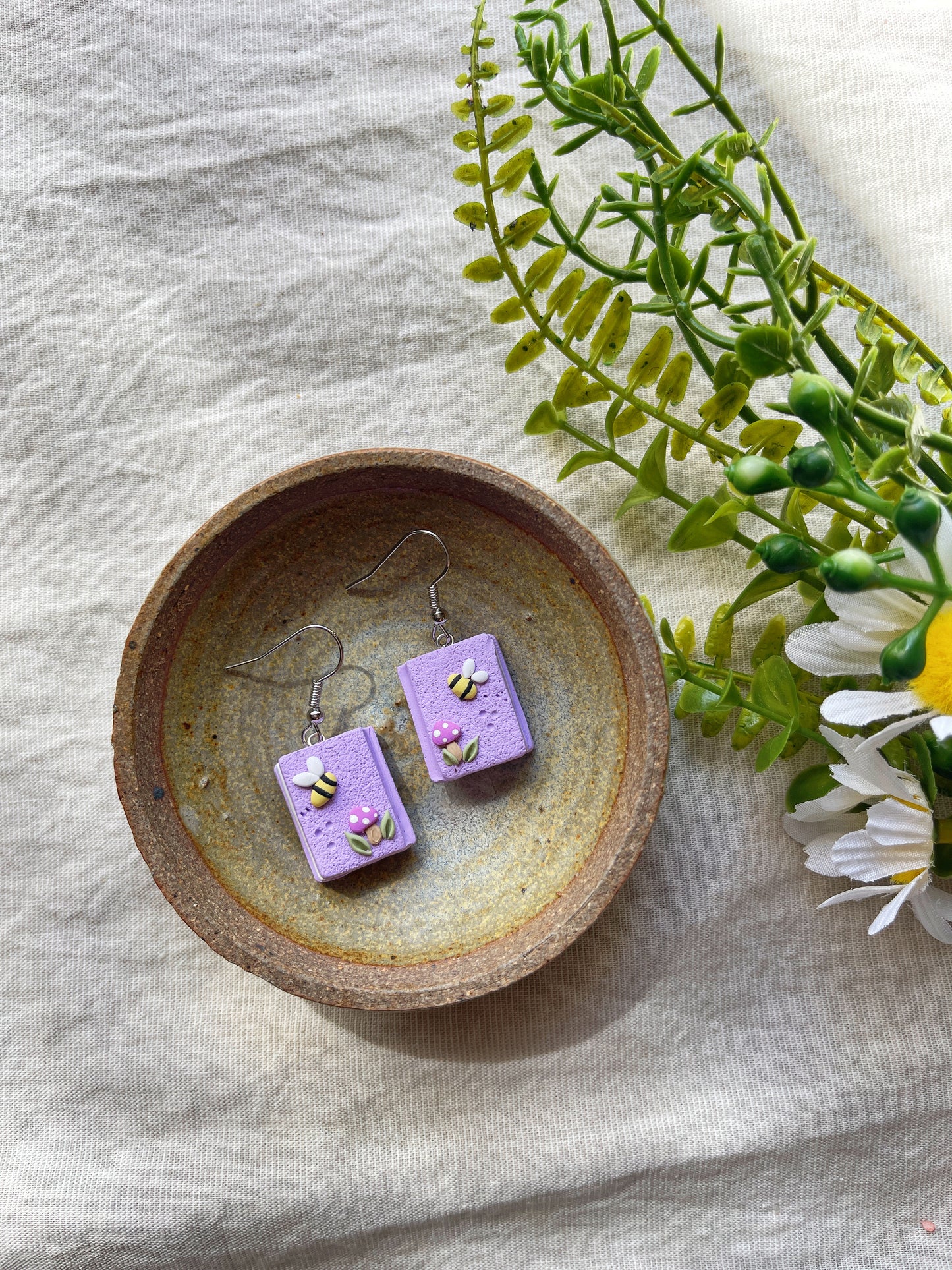 Purple Book Bee Clay Earrings