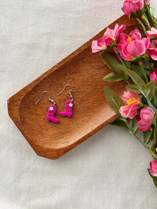 Western Fuchsia Boot Clay Earrings