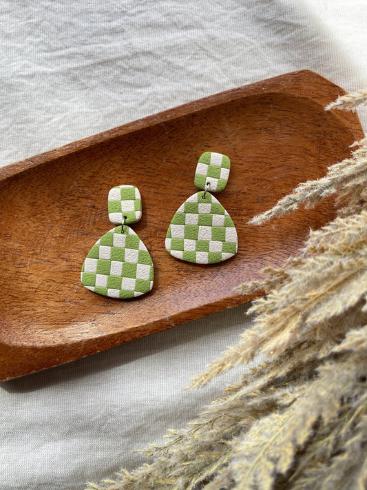 Green Checkered Clay Earrings