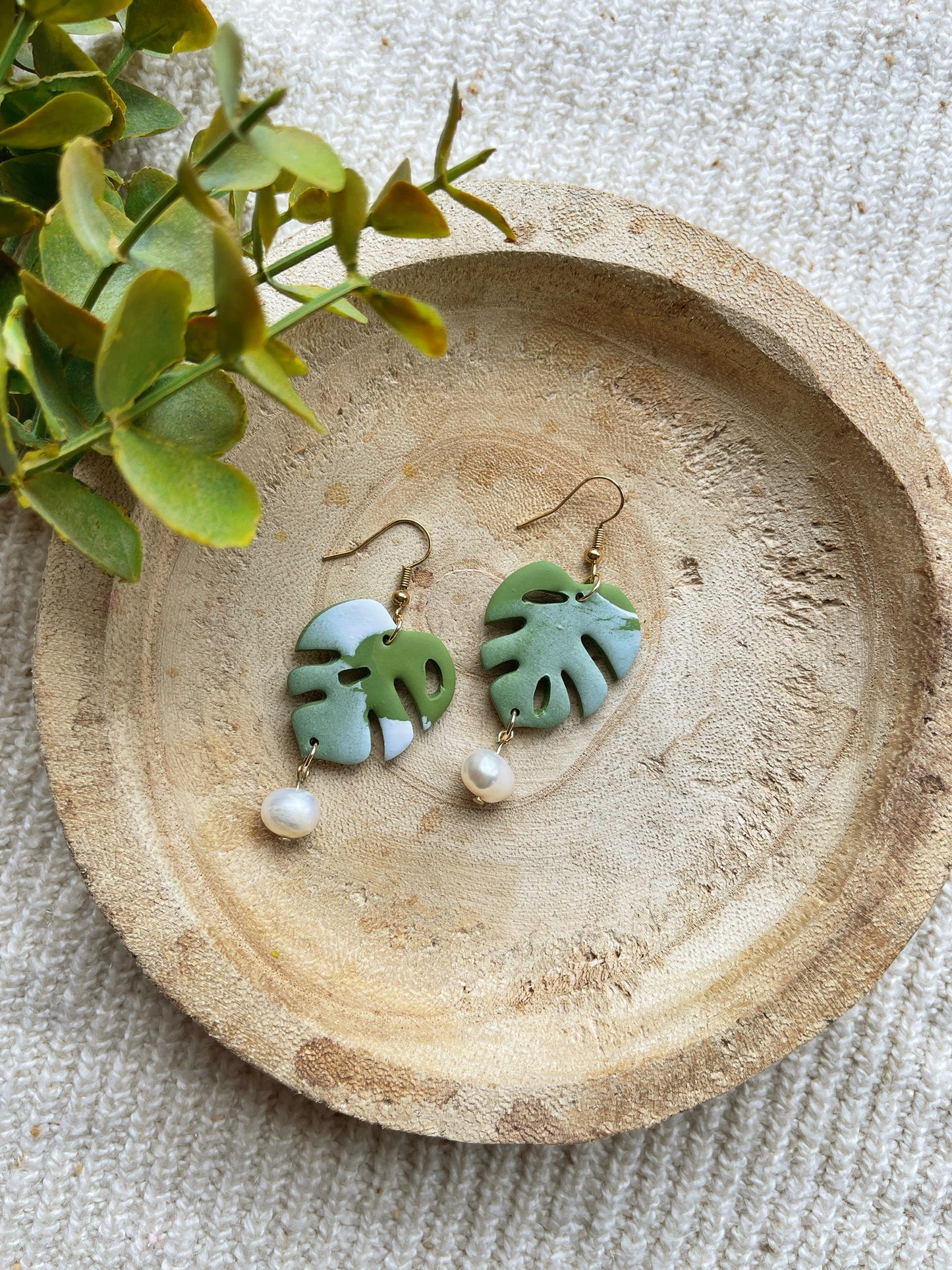 Swiss Monstera Pearl Clay Earrings