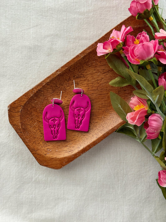 Western Bull Fuchsia Clay Earrings