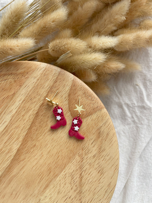 Fire Red Star Boot Clay Earrings