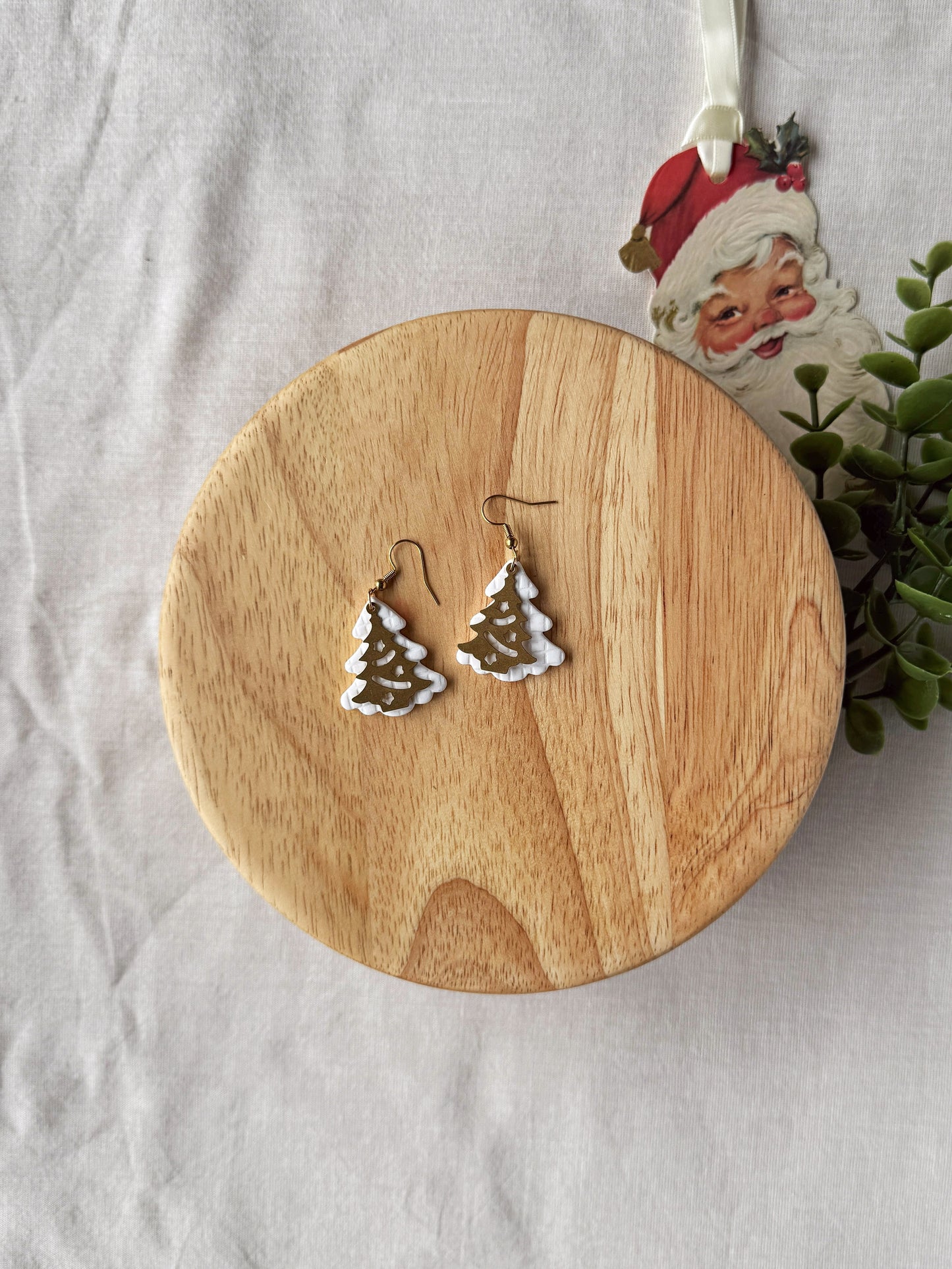 White + Gold Tree Clay Earrings