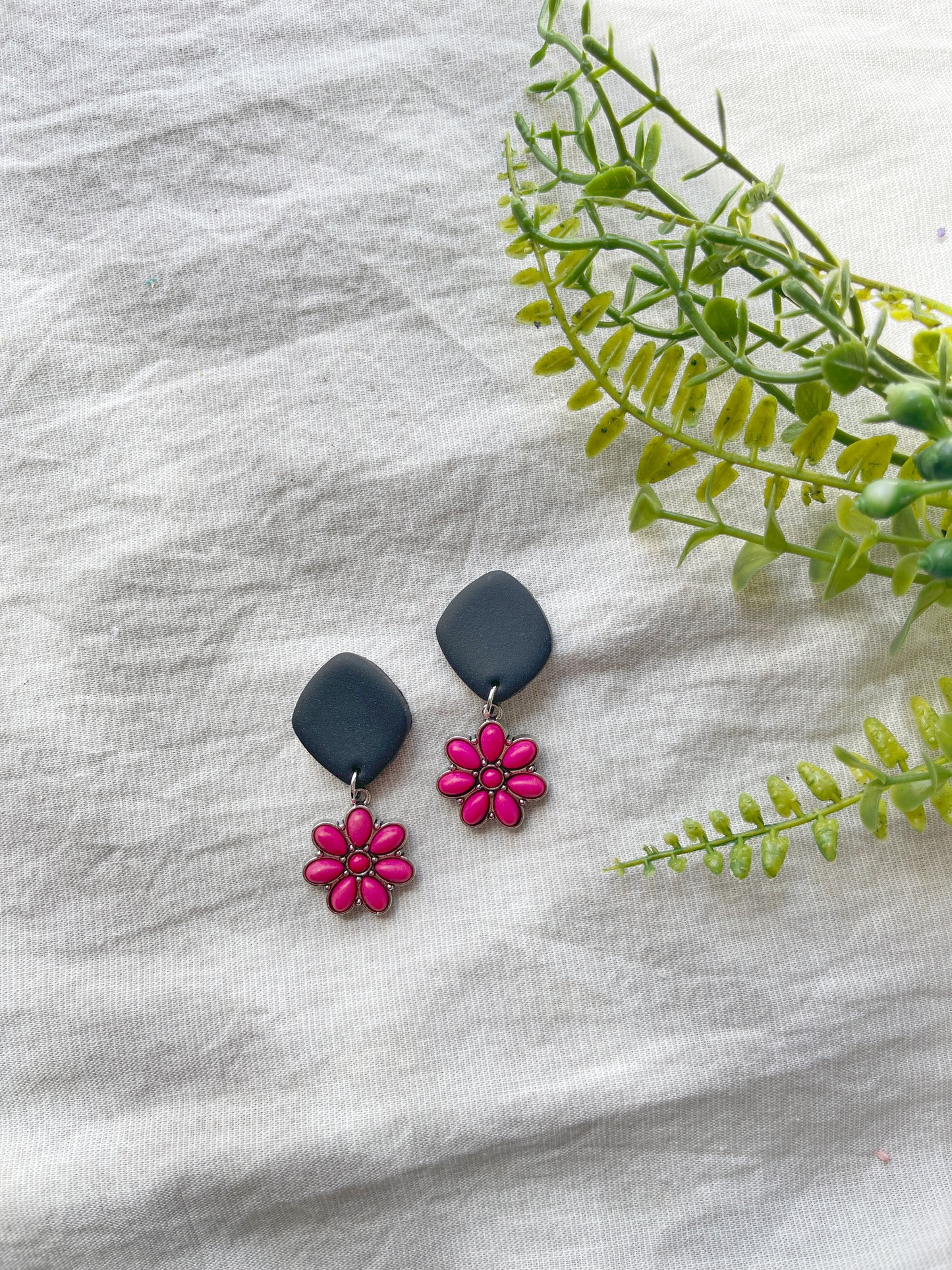 Pink Stone Black Clay Earrings