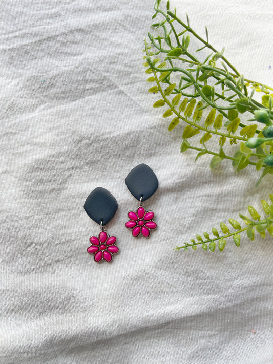Pink Stone Black Clay Earrings
