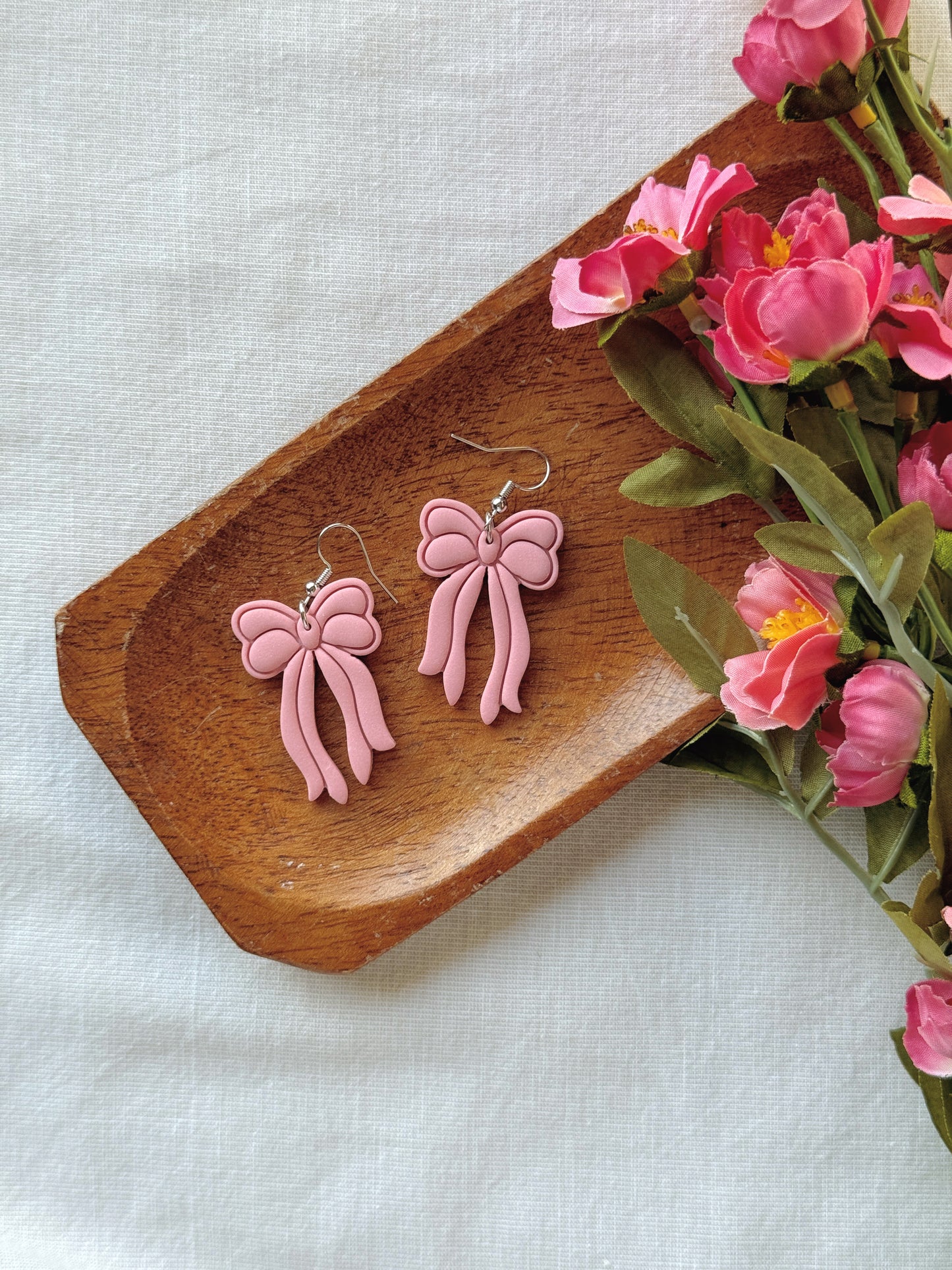 Baby Pink Bow Clay Earrings
