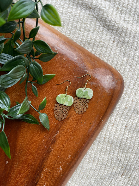 Marble Monstera Clay Earrings