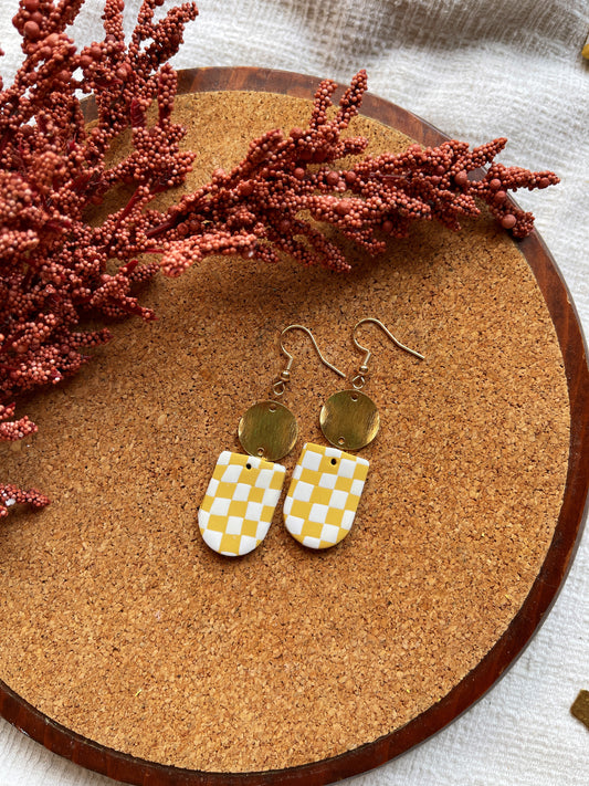 Mustard Checkered Clay Earrings