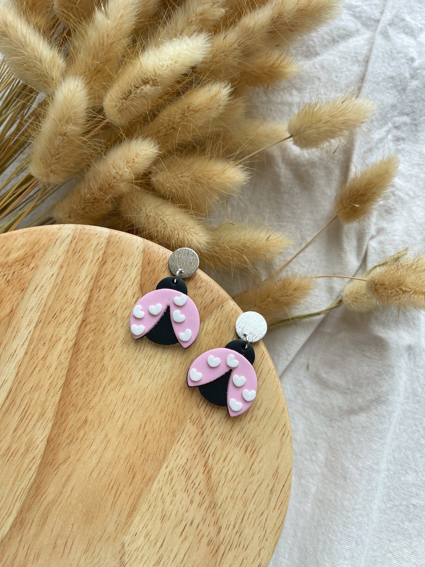 Pink Lady Bug Clay Earrings