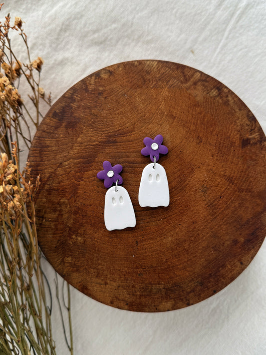 Purple Flower Ghost Clay Earrings