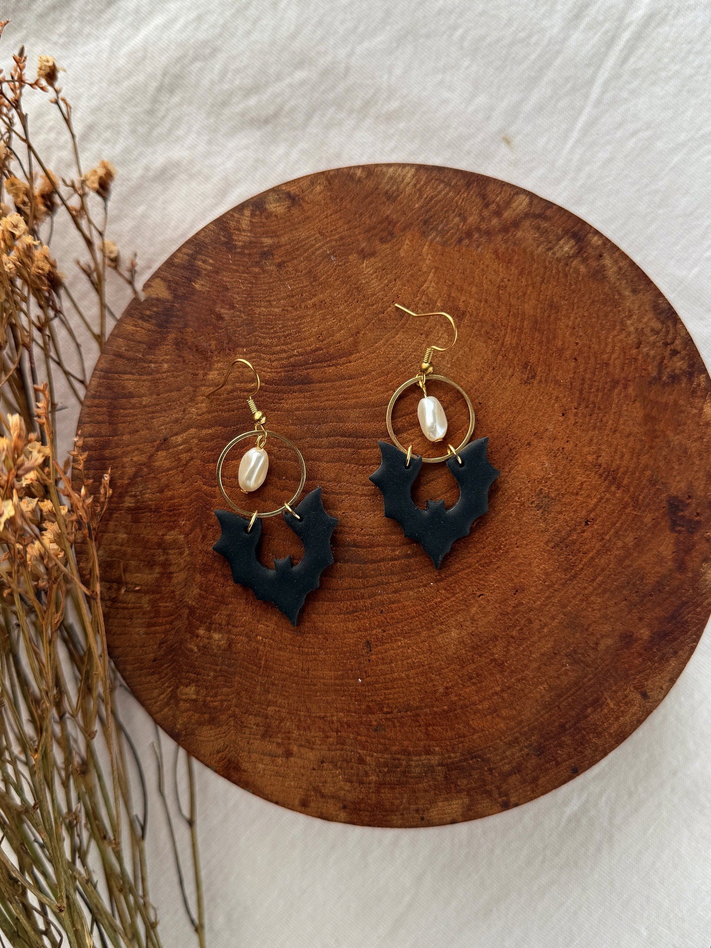 Pearl Bat Clay Earrings