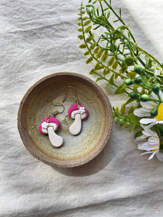 Pink Floral Mushroom Clay Earrings