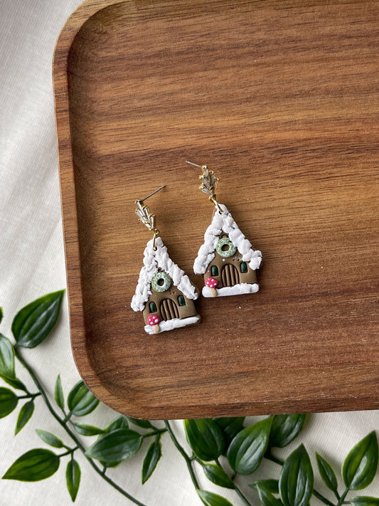 Mushroom Gingerbread House Clay Earrings