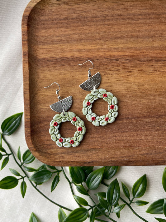 Wreath Holly Clay Earrings