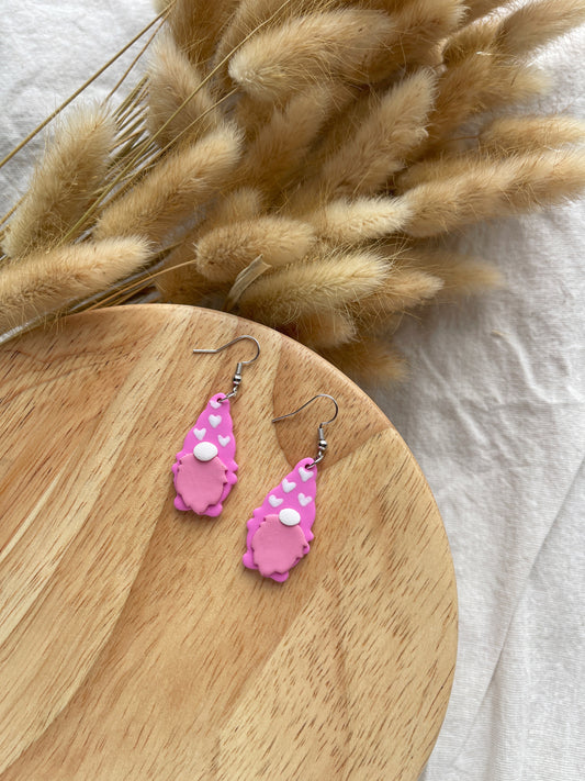 Pink Gnome Heart Clay Earrings