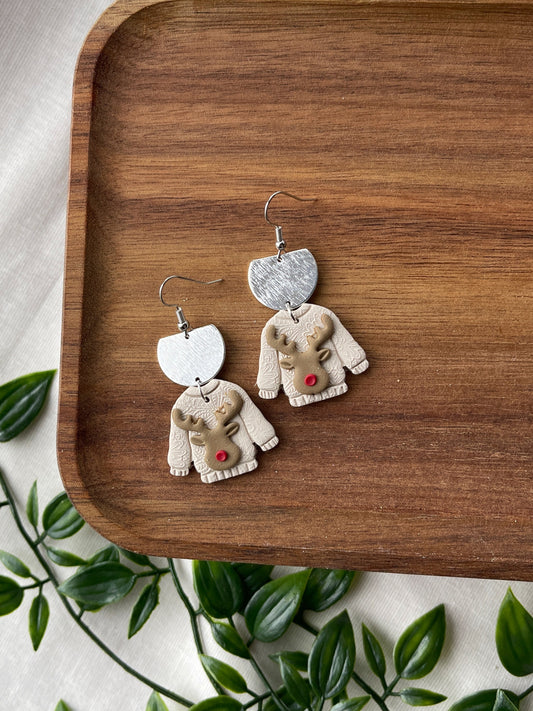 Reindeer Sweater Clay Earrings