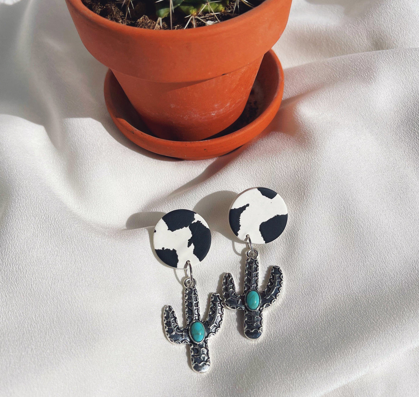 Cow Print Cactus Dangle Earrings
