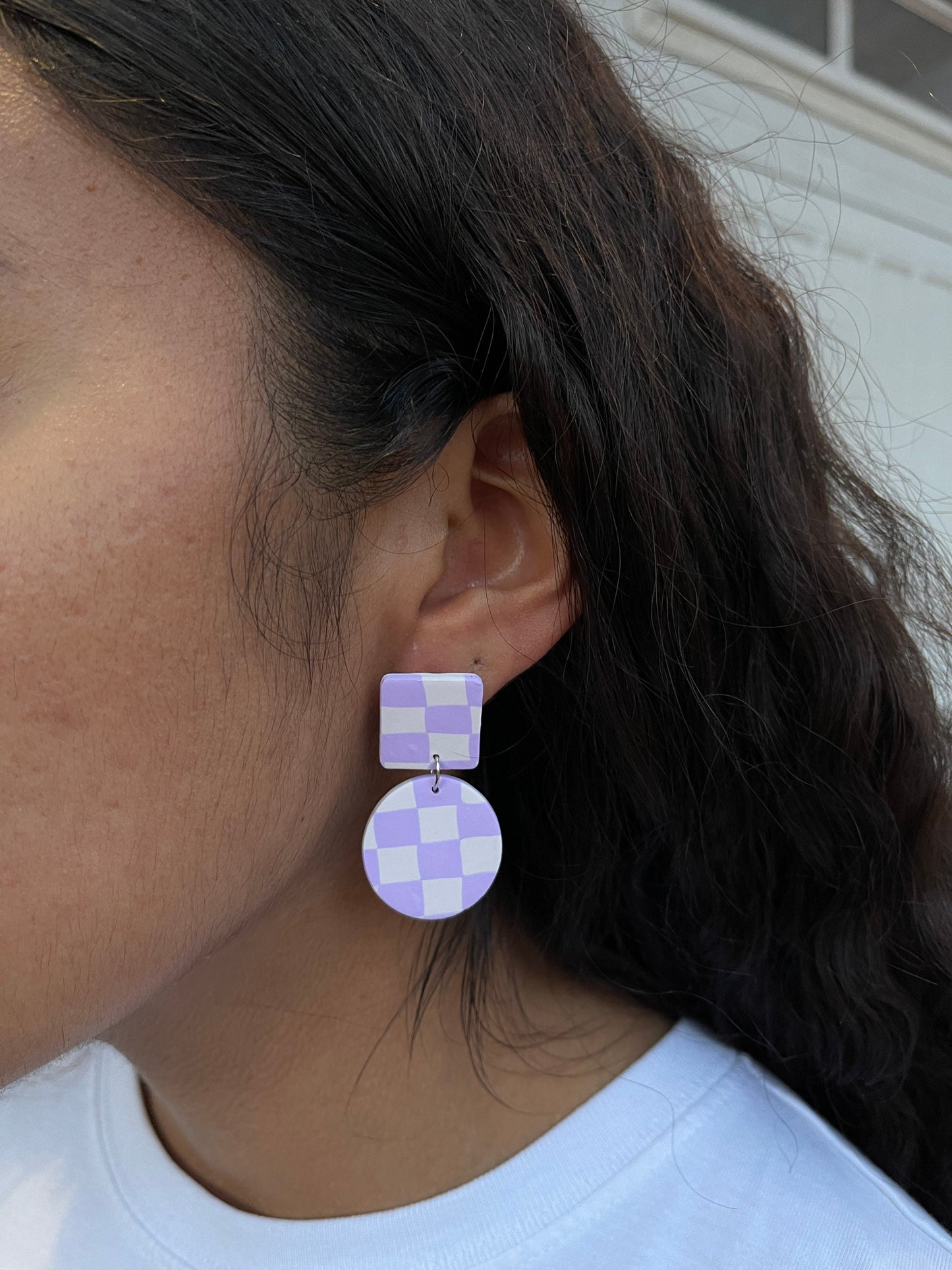 Purple Checkered Clay Earrings