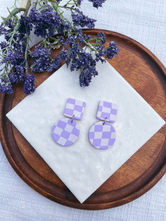 Purple Checkered Clay Earrings